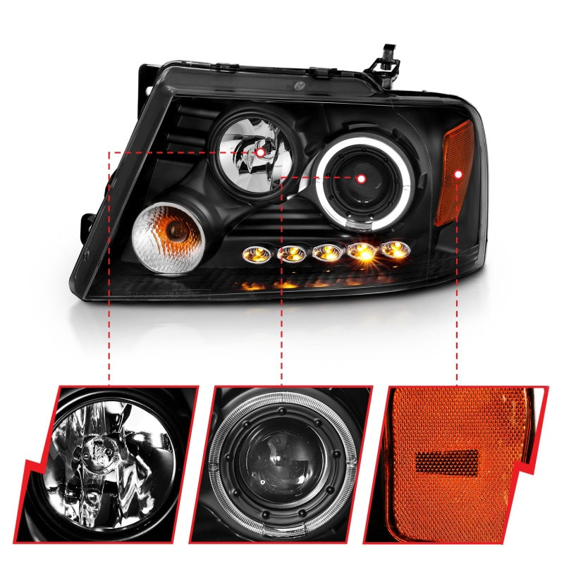 ANZO 111028 2004-2008 Ford F-150 Projector Headlights w/ Halo and LED Black