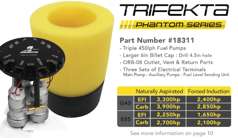 Aeromotive 18311 Fuel Pump - Phantom Trifekta Universal In-Tank - 450lph - 6-10in Depth