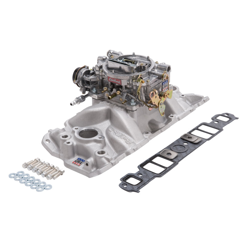 Edelbrock 2021 Manifold And Carb Kit Performer Eps Small Block Chevrolet 1957-1986 Natural Finish