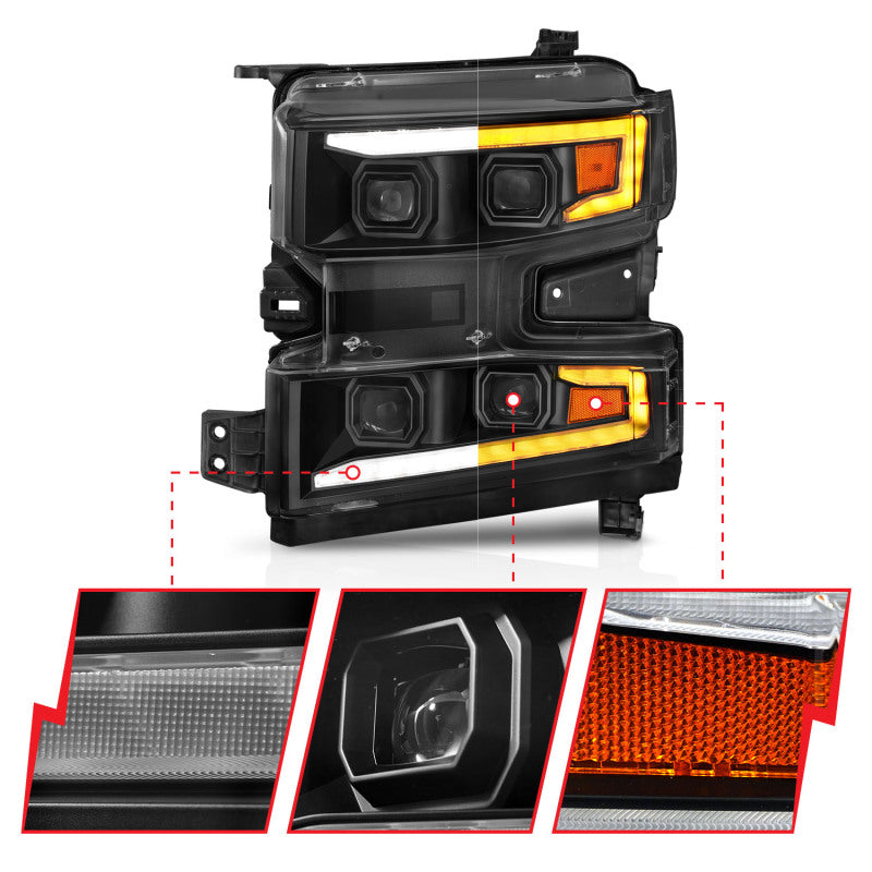ANZO 111566-L 19-22 Chevrolet Silverado 1500 LED Proj HL w/Lgt Bar SwBk Seq. Blk w/In. Light - Driver Side ON