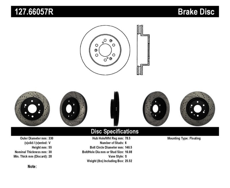 Stoptech 127.66057R StopTech 05-10 GMC Sierra 1500 (w Rear Drum) / 07-09 GMC Yukon Front Right Slotted & Drilled Rotor