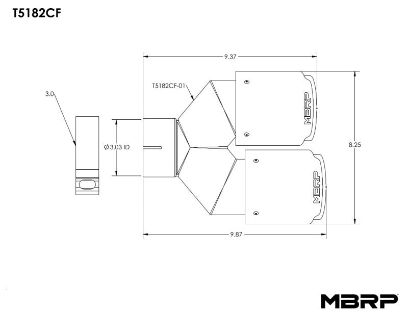 MBRP T5182CF 3in ID / Dual 4in OD Out Staggered L 9.87in / R 9.37in Dual Wall Carbon Fiber Univ Exhaust Tip