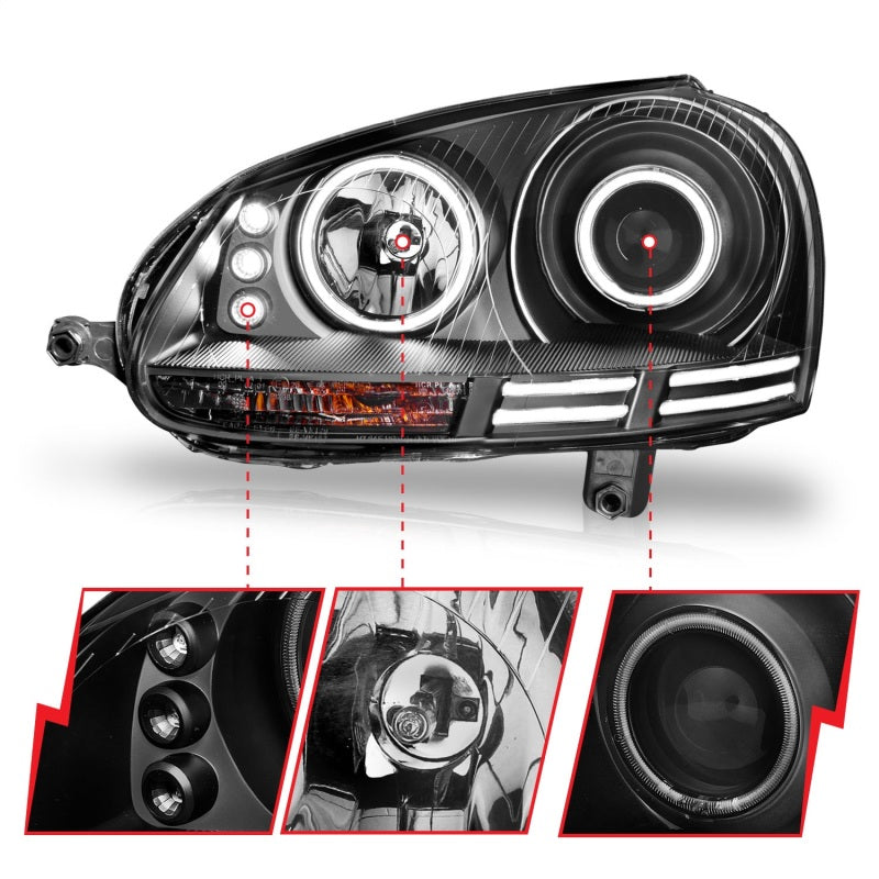 ANZO 121345 2006-2009 Volkswagen Rabbit Projector Headlights w/ Halo Black (CCFL)