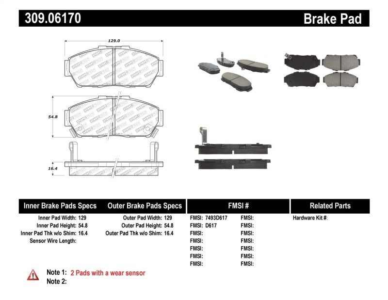 Stoptech 309.06170 StopTech Performance 93-95 Honda Civic Coupe / 94-95 Civic Hatchback/Sedan Front Brake Pads