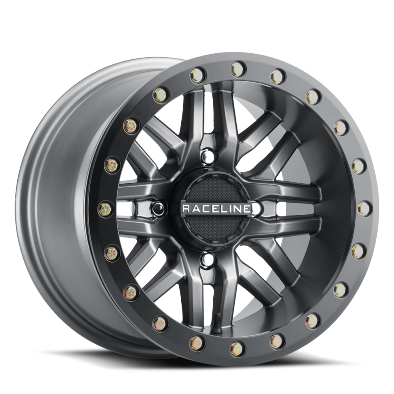 Raceline A91G-47056-52 A91G Ryno 14x7in/4x156 BP/10mm Offset/132.5mm Bore - Gunmetal & Black Ring Beadlock Wheel