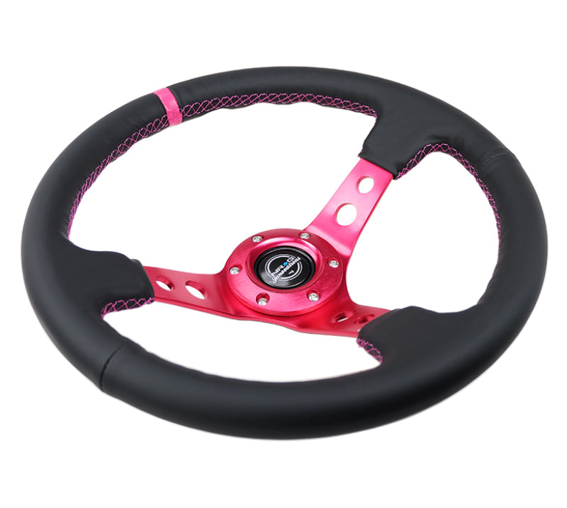 NRG RST-006FH Reinforced Steering Wheel (350mm/3in. Deep) Black Leather/ Fushia Center Mark/ Fushia Stitching