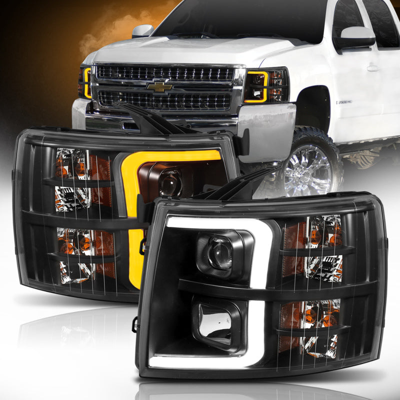 ANZO 111410 07-13 Chevrolet Silverado 1500 Plank Style Projector Headlights Black w/ Amber