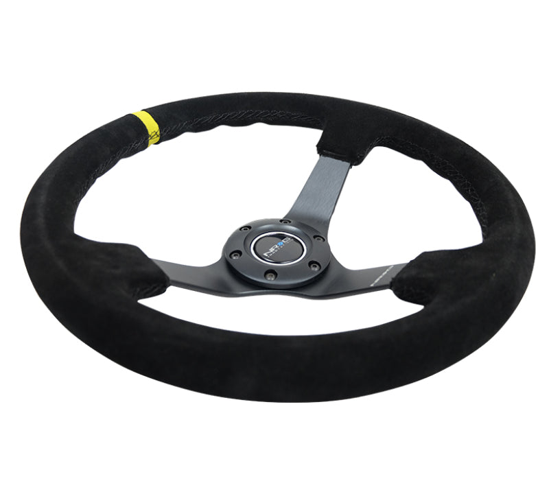 NRG RST-036MB-S-Y Reinforced Steering Wheel (350mm / 3in. Deep) Blk Suede/X-Stitch w/5mm Blk Spoke & Yellow CM