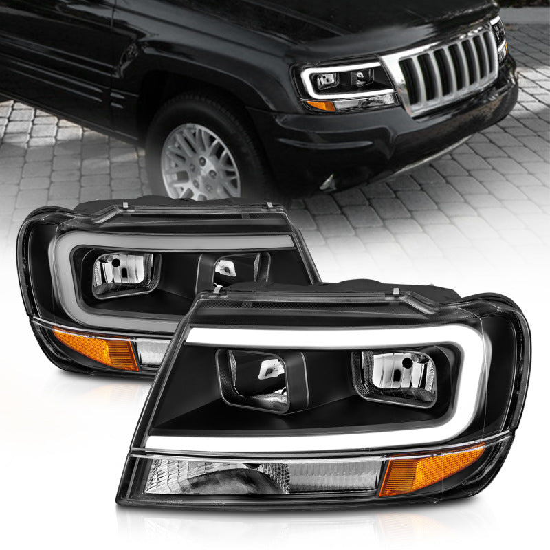 ANZO 111537 99-04 Jeep Grand Cherokee Crystal Headlights - w/ Light Bar Black Housing