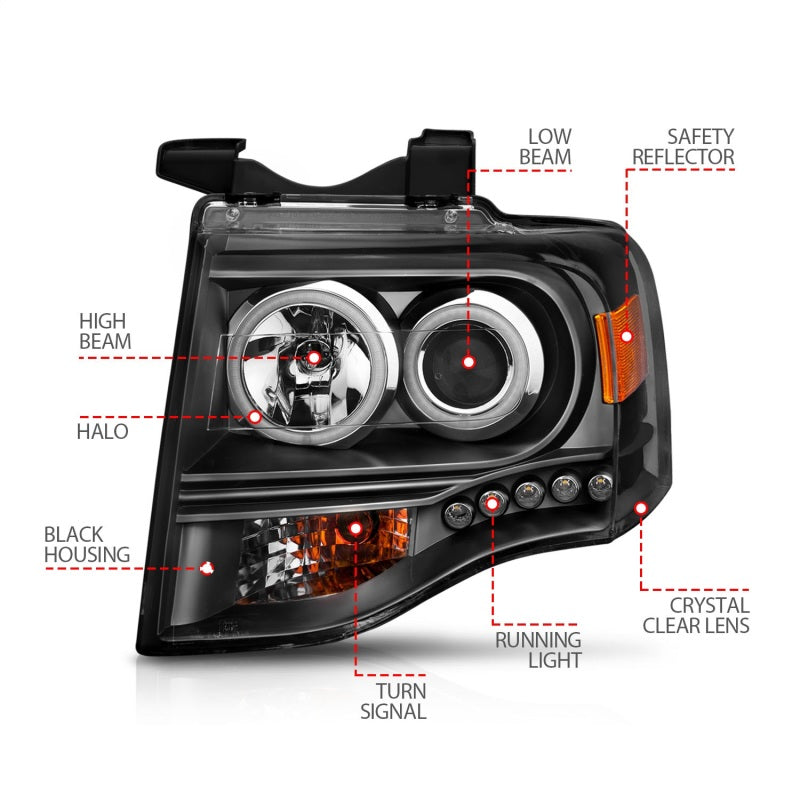 ANZO 111113 2007-2014 Ford Expedition Projector Headlights w/ Halo Black
