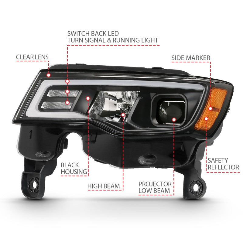 ANZO 111418 2017-2018 Jeep Grand Cherokee Projector Headlights w/ Plank Style Switchback - Black w/ Amber