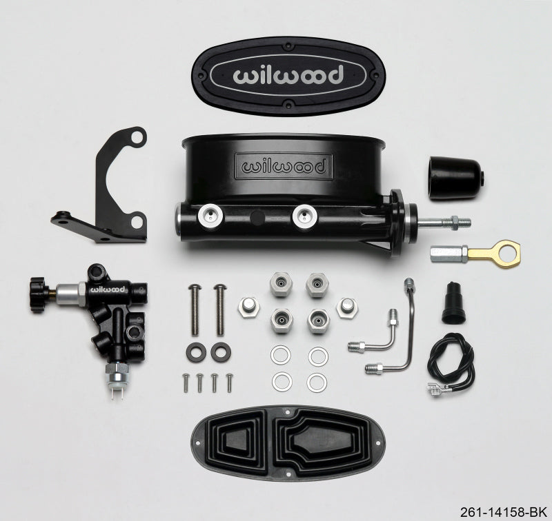 Wilwood 261-14158-BK HV Tandem M/C Kit w L/H Bracket & Prop Valve - 15/16in Bore Black-W/Push. - Early Mustang