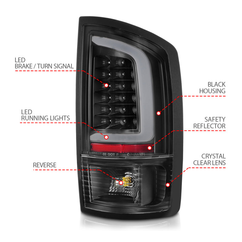 ANZO 311368 2002-2006 Dodge RAM 1500 LED Tail Lights w/ Light Bar Black Housing Clear Lens
