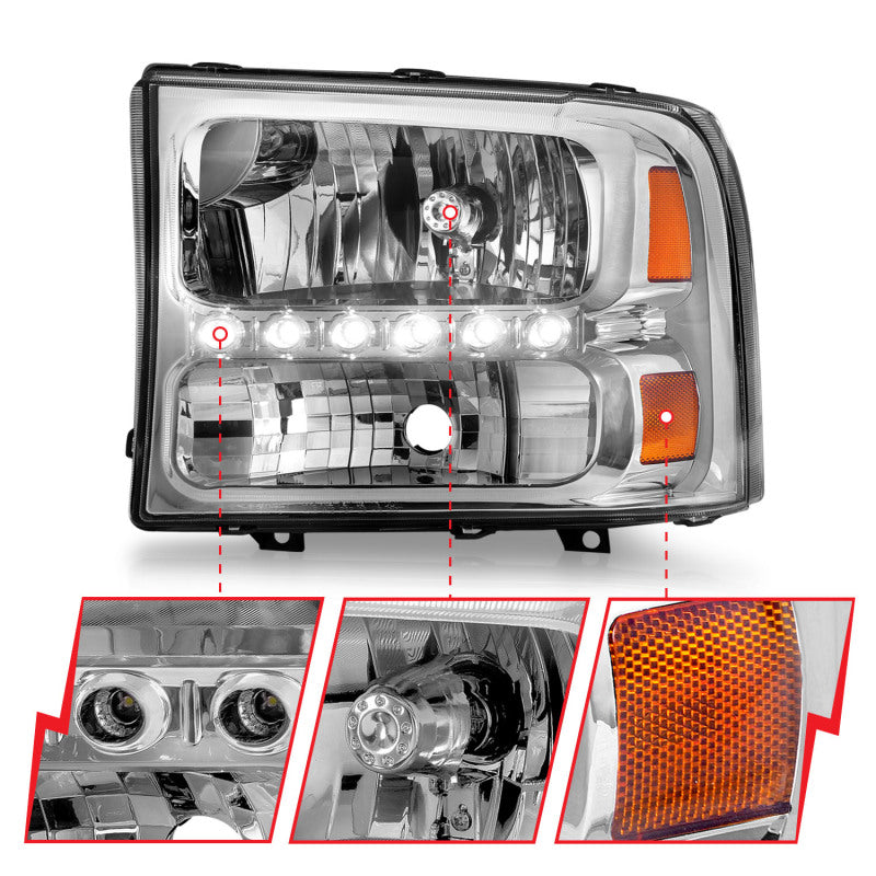 ANZO 111088 2000-2004 Ford Excursion Crystal Headlights Chrome w/ LED 1pc