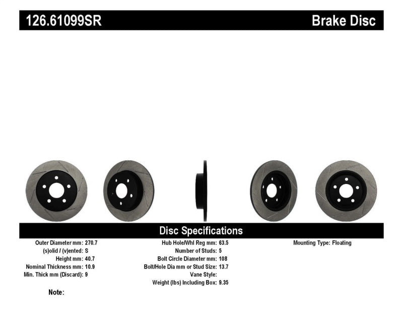 Stoptech 126.61099SR StopTech 13 Ford Focus ST Slotted Right Rear Rotor