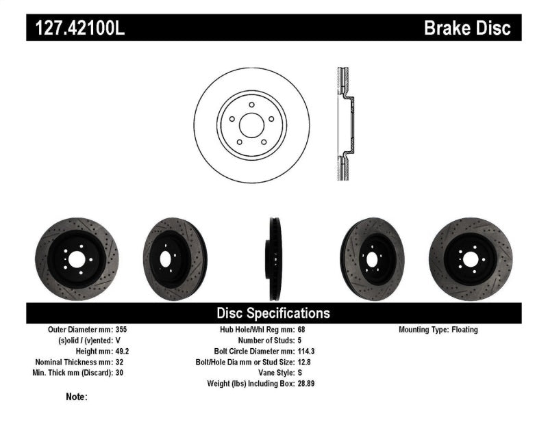 Stoptech 127.42100L StopTech Infiniti G37 / Nissan 370Z SportStop Slotted & Drilled Front Left Rotor