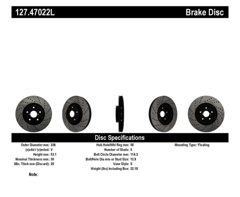 Stoptech 127.47022L StopTech 05-10 Subaru Impreza WRX/STi Slotted & Drilled Left Front Rotor