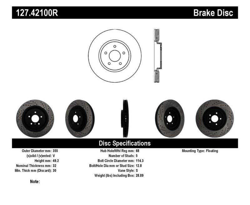 Stoptech 127.42100R StopTech Infiniti G37 / Nissan 370Z SportStop Slotted & Drilled Front Right Rotor
