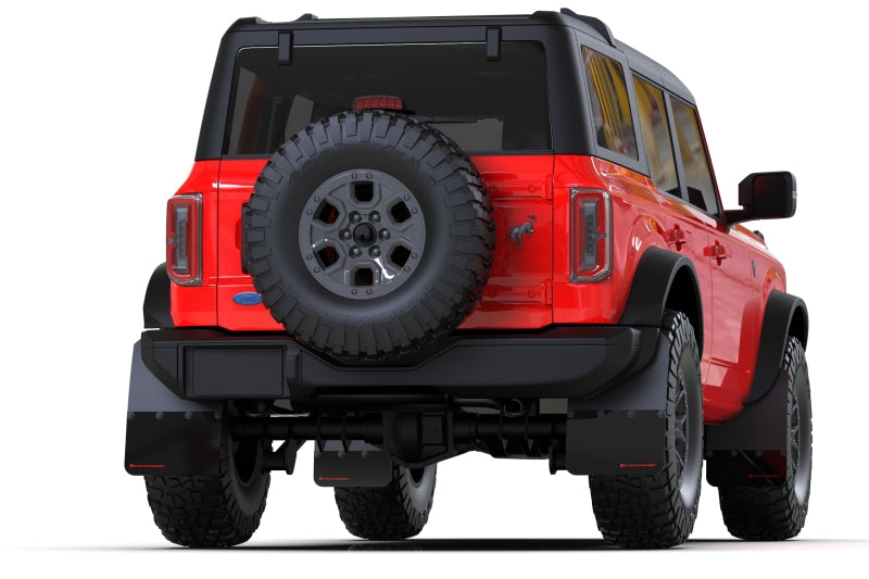 Rally Armor MF85-RB-PL-MBK 21-22 Ford Bronco (Plstc Bmpr + RB - NO Rptr/Sprt) Blk Mud Flap w/Met. Blk Logo