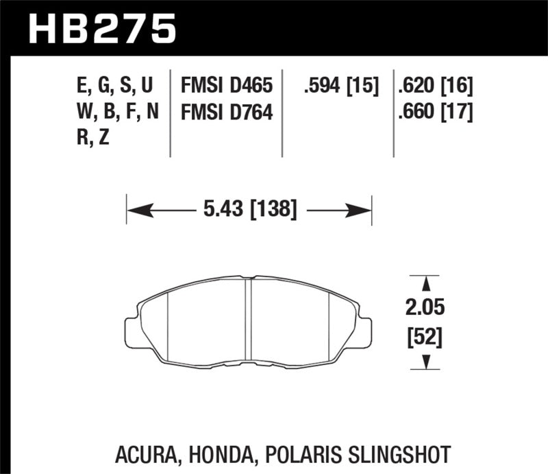 Hawk Performance HB275N.620 Hawk 98-00 Civic Coupe Si / 01-06 Civic DX EX GX HX LX HP+ Street Front Brake Pads