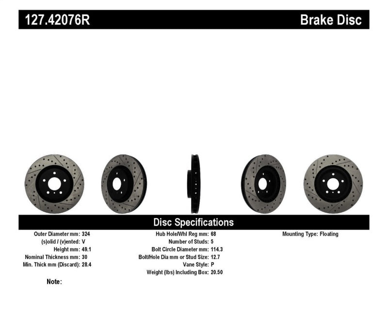 Stoptech 127.42076R StopTech Slotted & Drilled Sport Brake Rotor