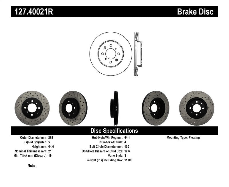 Stoptech 127.40021R StopTech 90-01 Acura Integra (exc. Type R) / 01-05 Honda Civic / 07+ Honda Fit / 93-97 Del Sol VTEC