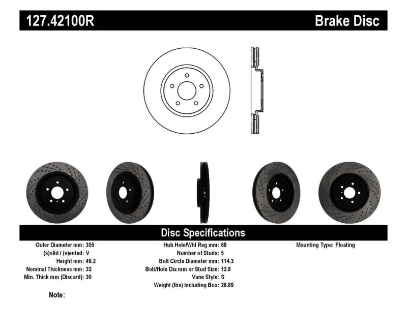 Stoptech 127.42100R StopTech Infiniti G37 / Nissan 370Z SportStop Slotted & Drilled Front Right Rotor