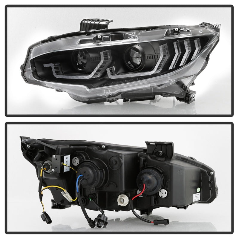 SPYDER 5086099 Spyder 16-18 Honda Civic 4Dr w/LED Seq Turn Sig Lights Proj Headlight - Black - PRO-YD-HC16-SEQ-BK