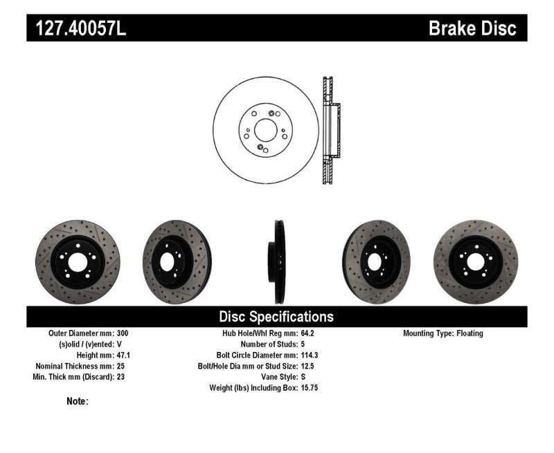 Stoptech 127.40057L StopTech 02-06 Acura RSX Type S / 06-09 Honda Civic Si Slotted & Drilled Left Front Rotor