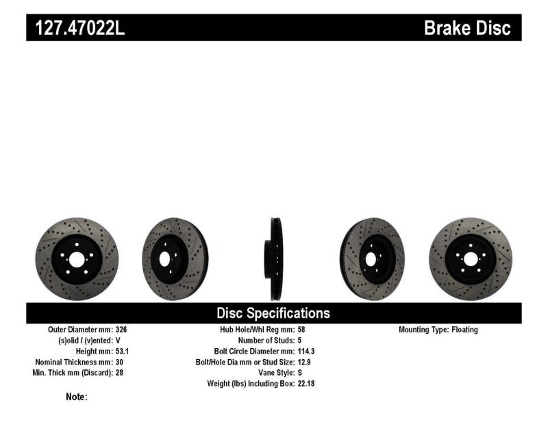 Stoptech 127.47022L StopTech 05-10 Subaru Impreza WRX/STi Slotted & Drilled Left Front Rotor