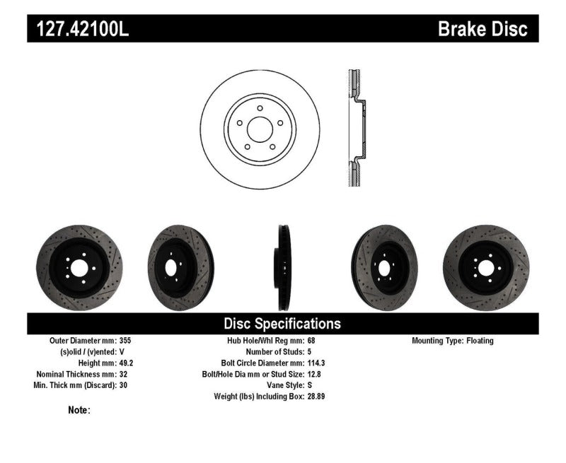 Stoptech 127.42100L StopTech Infiniti G37 / Nissan 370Z SportStop Slotted & Drilled Front Left Rotor
