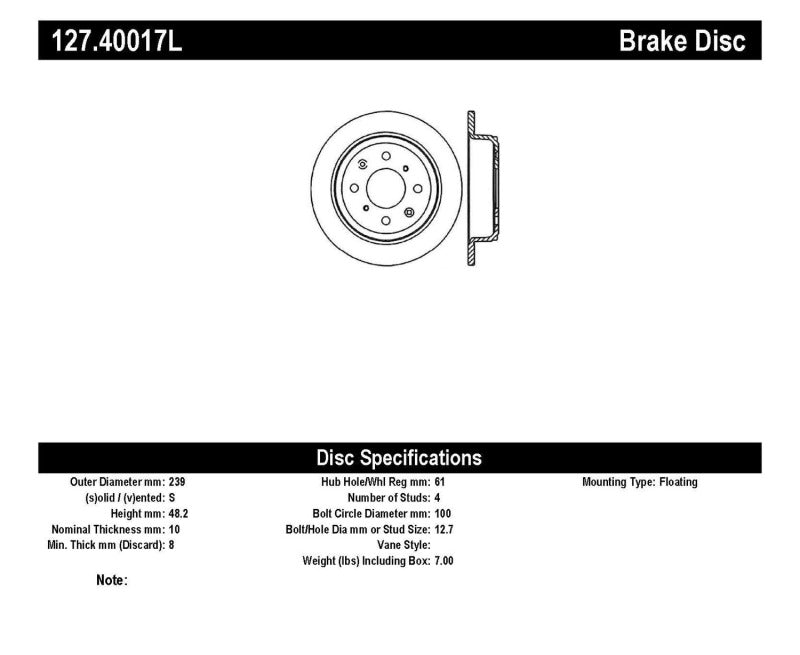 Stoptech 127.40017L StopTech 90-96 Acura Integra / 97-01 Integra (Exc. Type R) Slotted & Drilled Left Rear Rotor