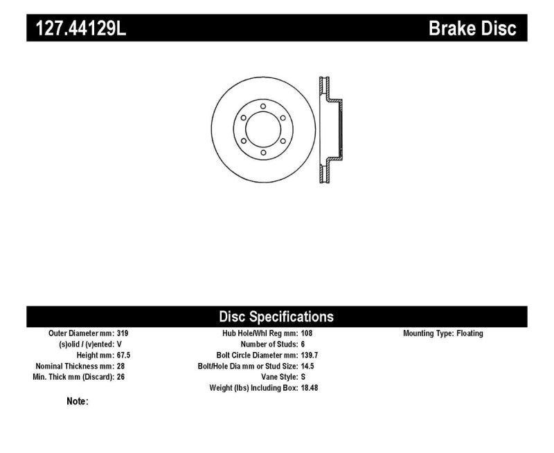 Stoptech 127.44129L StopTech 07-08 Toyota FJ Cruiser / 05-08 Tacoma (6 lug) / 03-08 4 Runner (319mm disc) SportStop Slo