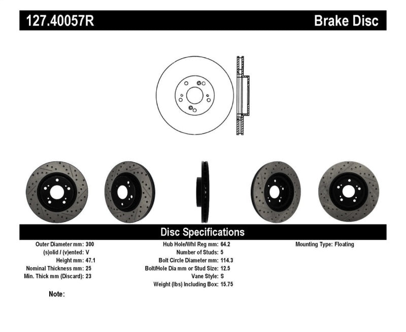 Stoptech 127.40057R StopTech 02-06 Acura RSX Type S / 06-09 Honda Civic Si Slotted & Drilled Right Front Rotor