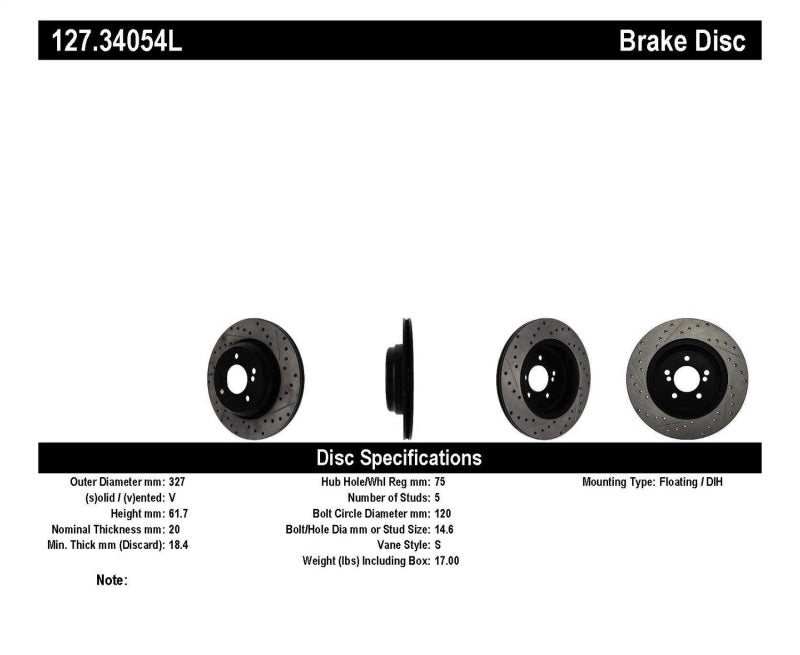 Stoptech 127.34054L StopTech 00-03 BMW M5 (E39) Slotted & Drilled Left Rear Rotor