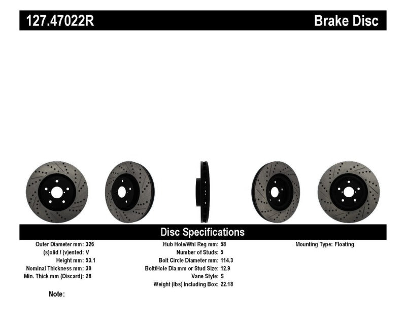 Stoptech 127.47022R StopTech 05-10 Subaru Impreza WRX/STi Slotted & Drilled Right Front Rotor