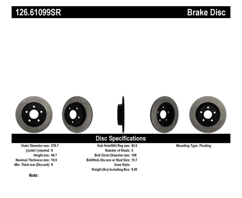 Stoptech 126.61099SR StopTech 13 Ford Focus ST Slotted Right Rear Rotor