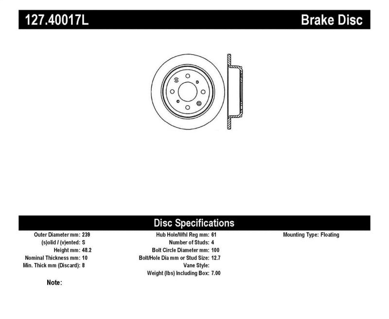 Stoptech 127.40017L StopTech 90-96 Acura Integra / 97-01 Integra (Exc. Type R) Slotted & Drilled Left Rear Rotor