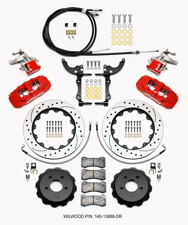 Wilwood 140-13888-DR AERO4 / MC4 Rear Kit 14.00 Drilled Red 2015-Up Mustang w/Lines & Cables