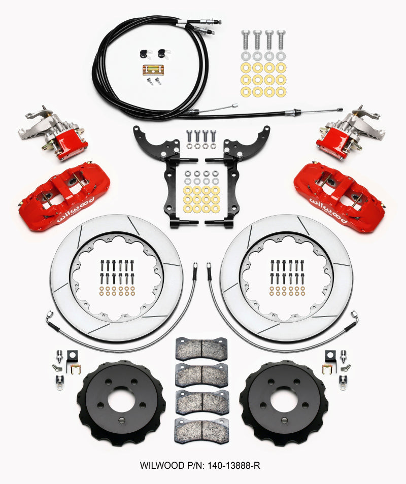 Wilwood 140-13888-R AERO4 / MC4 Rear Kit 14.00 Red 2015-Up Mustang w/Lines & Cables