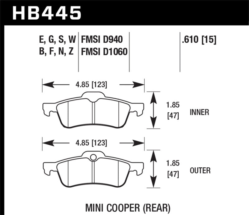 Hawk Performance HB445F.610 Hawk 02-06 Mini Cooper / Cooper S HPS Street Rear Brake Pads