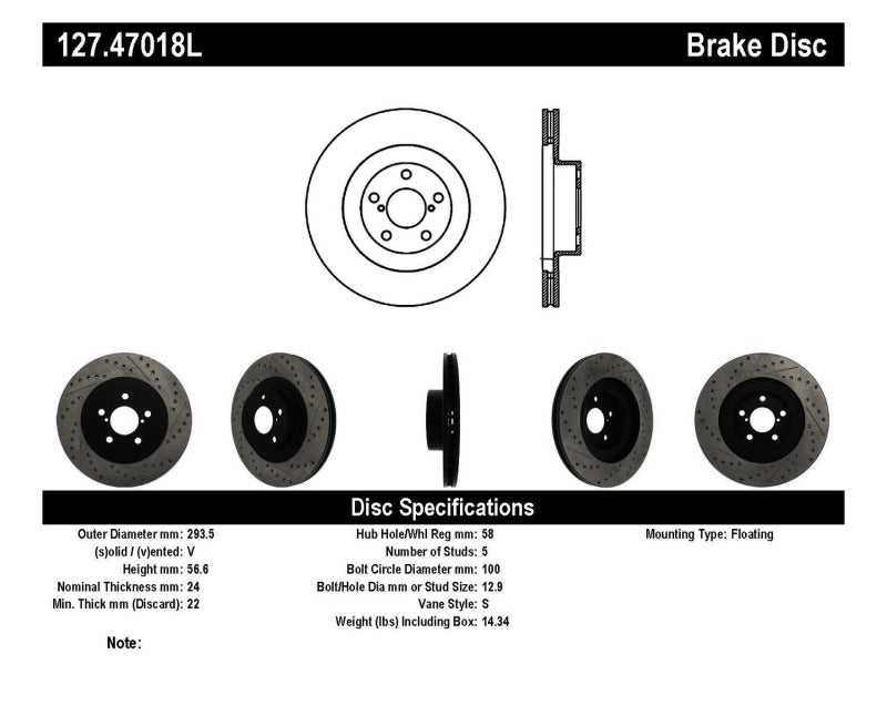 Stoptech 127.47018L StopTech 02-10 Subaru WRX Slotted & Drilled Left Front Rotor (exc. STi)
