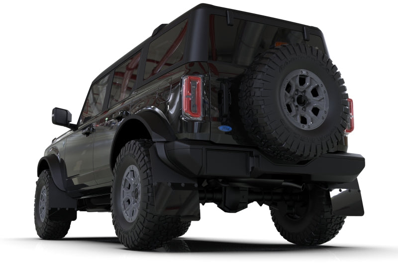 Rally Armor MF85-RB-PL-MBK 21-22 Ford Bronco (Plstc Bmpr + RB - NO Rptr/Sprt) Blk Mud Flap w/Met. Blk Logo