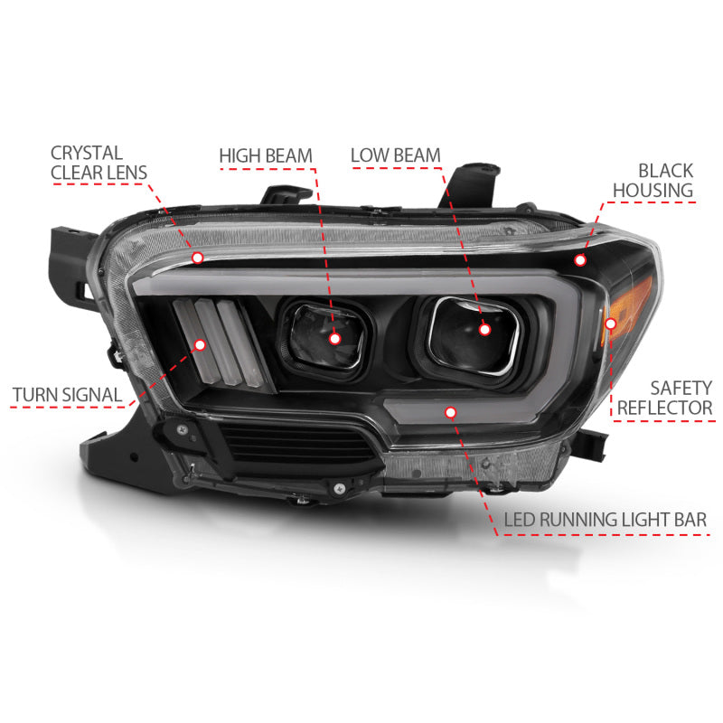 ANZO 111379 2016-2017 Toyota Tacoma Projector Headlights w/ Plank Style Design Black/Amber w/ DRL