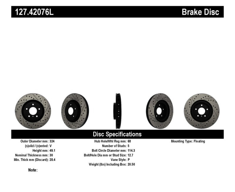 Stoptech 127.42076L StopTech Slotted & Drilled Sport Brake Rotor