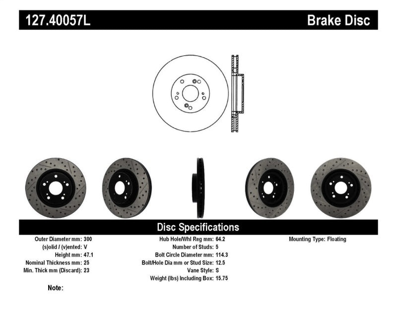 Stoptech 127.40057L StopTech 02-06 Acura RSX Type S / 06-09 Honda Civic Si Slotted & Drilled Left Front Rotor