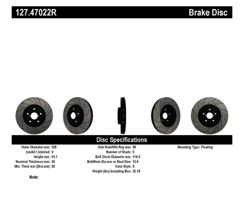 Stoptech 127.47022R StopTech 05-10 Subaru Impreza WRX/STi Slotted & Drilled Right Front Rotor