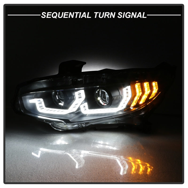 SPYDER 5086099 Spyder 16-18 Honda Civic 4Dr w/LED Seq Turn Sig Lights Proj Headlight - Black - PRO-YD-HC16-SEQ-BK
