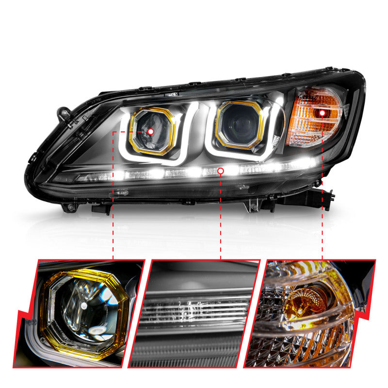 ANZO 121492 2013-2015 Honda Accord (4dr ONLY) Projector Headlights w/ U-Bar Black