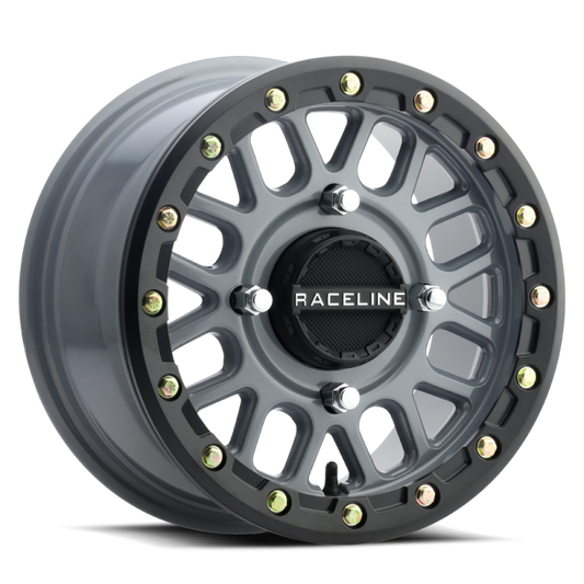 Raceline A93SG-47056+10 A93SG Podium 14x7in/4x156 BP/10mm Offset/132.5mm Bore - Grey & Black Ring Beadlock Wheel